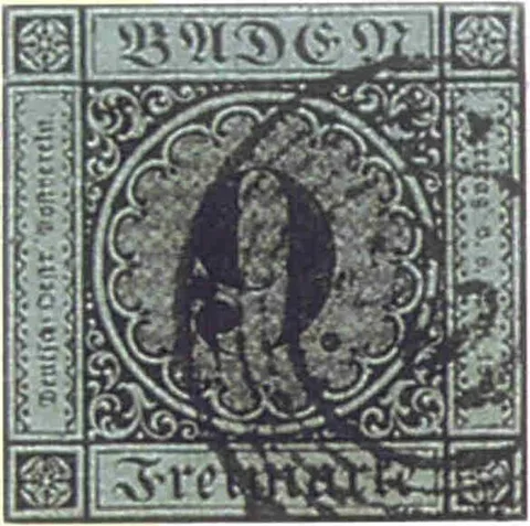 Baden 9 Kreuzer stamp printed on the wrong blue-green paper, 1851