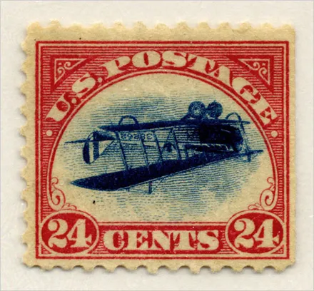 Inverted Jenny stamp, USA 1918, biplane printed upside down