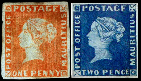 Mauritius Post Office stamps of 1847, one penny red and two pence blue